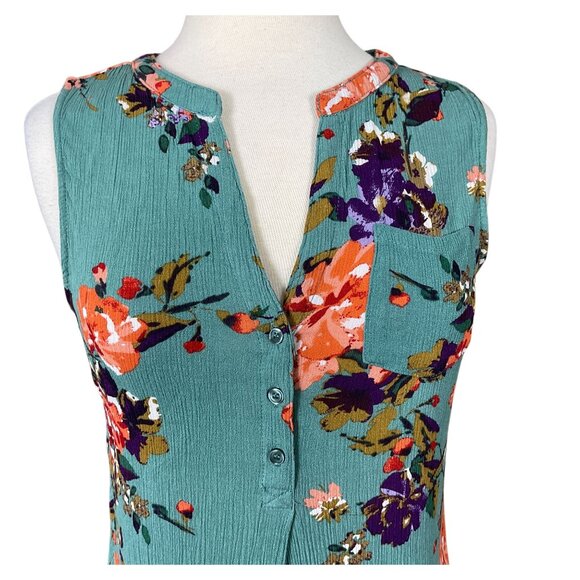 Market & Spruce Prat Henley Sleeveless Turquoise Gauzy Floral Blouse Med - Picture 2 of 8